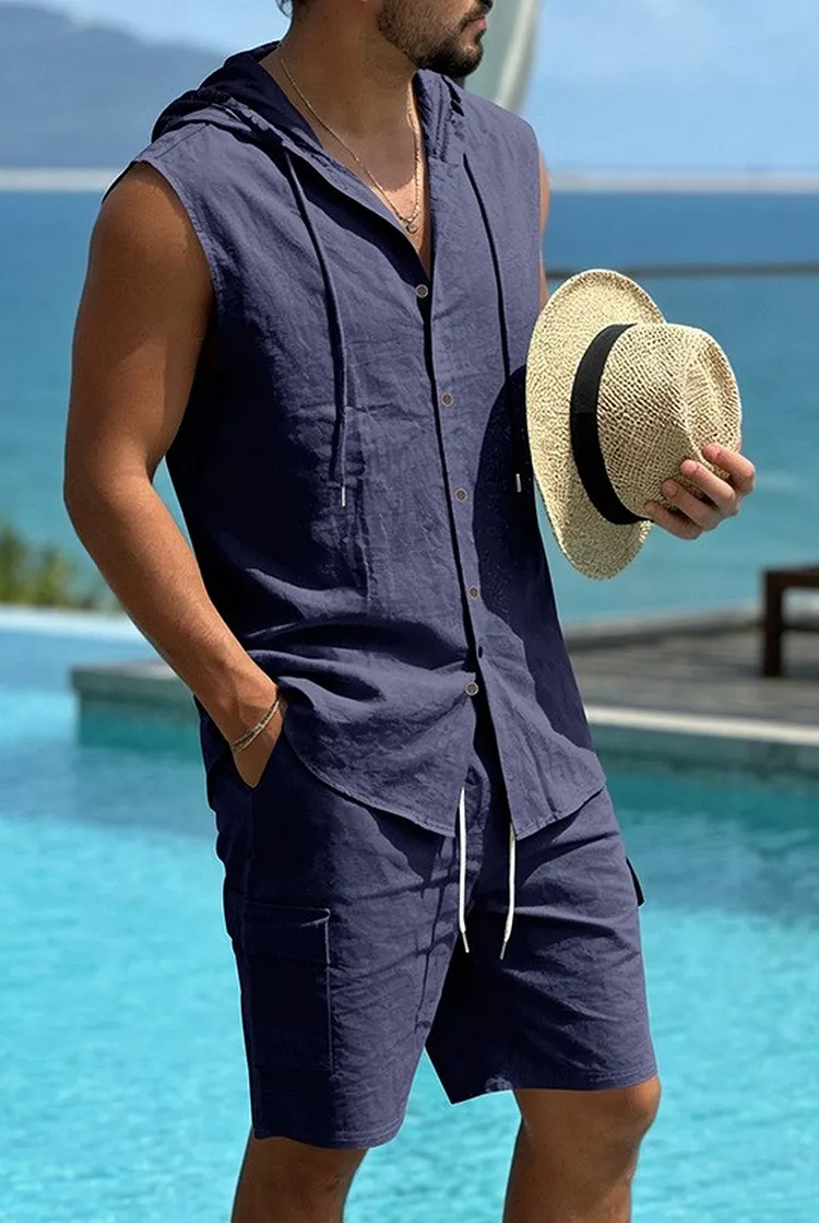 Men's Hooded Vest & Cargo Shorts Set Streetwear Outfit for Summer