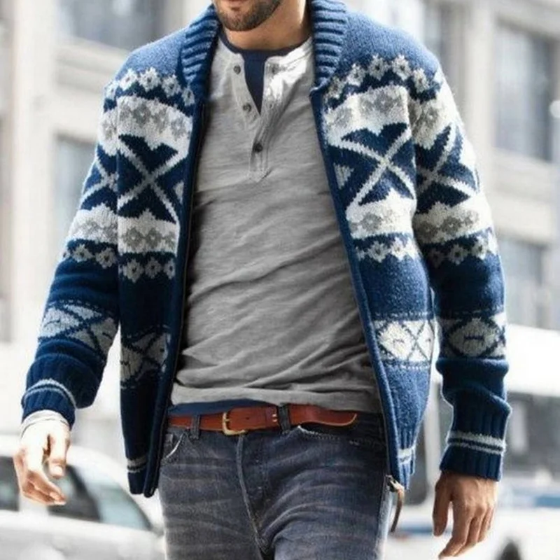 Fashion Splicing Pattern Zipper Sweater Coat