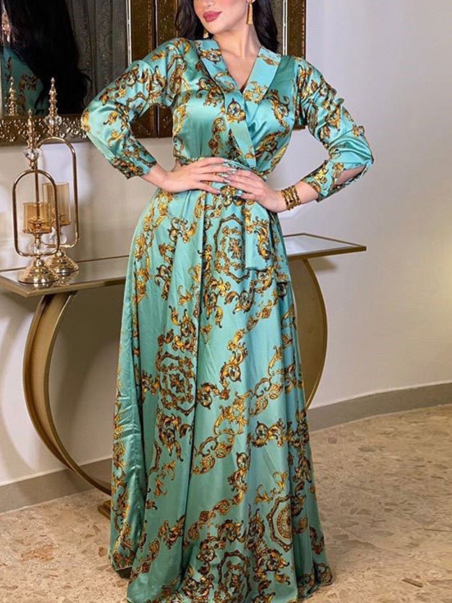 Satin Golden Print Lapel Design Long Sleeve Party Dress | Oxredo Shop Ramadan Sale