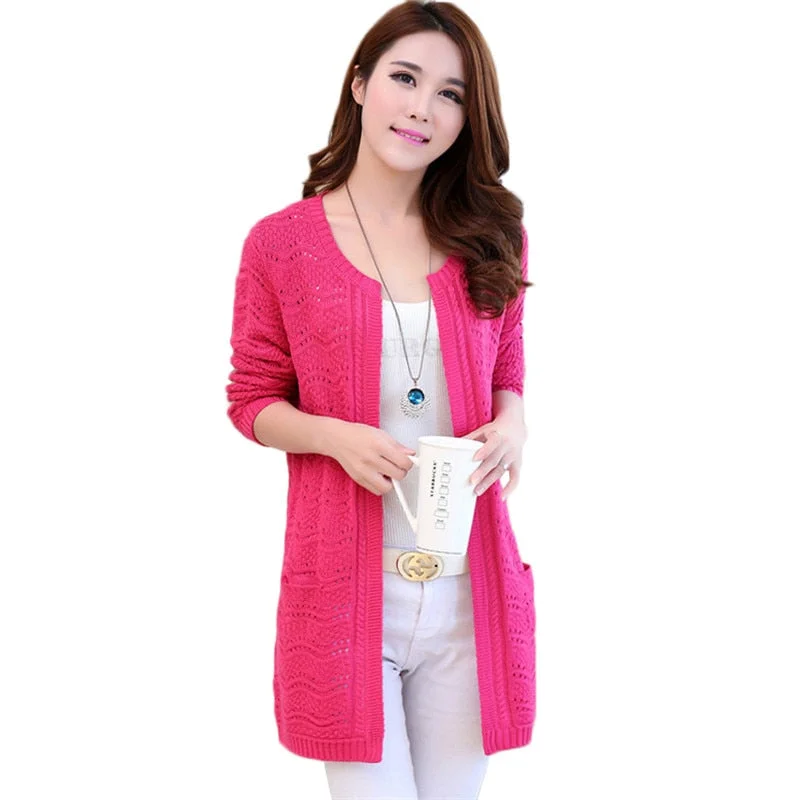 New Hollow Knit Cardigan Coat Women Sweater Slim Large Size Medium Long Jacket Spring Summer Clothing Knitwear Shawl Female Tops