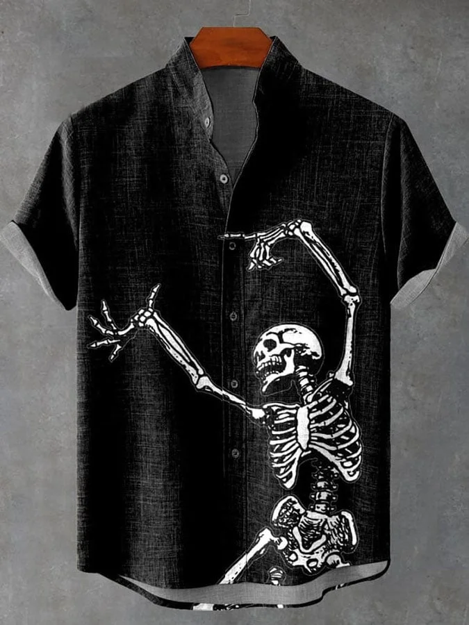 Men's Halloween Dancing Skeleton Print Casual Short Sleeve Shirt