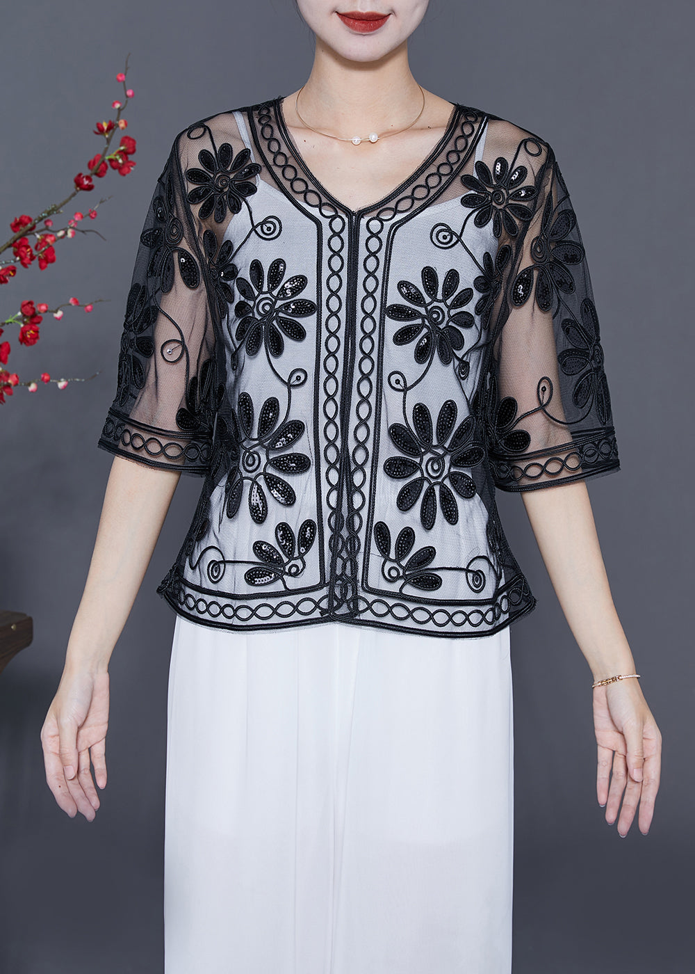 VCSHOES Loose Black Sequins Hollow Out Tulle Cardigan Half Sleeve
