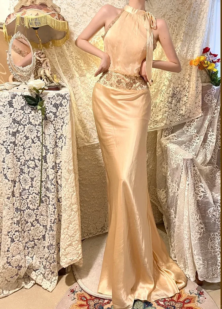 Champagne colored camisole exquisite bead embellishment long satin ball gown evening gown