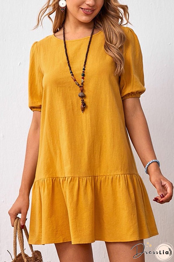 Solid Color Loose Waist Cotton Linen Round Neck Dress