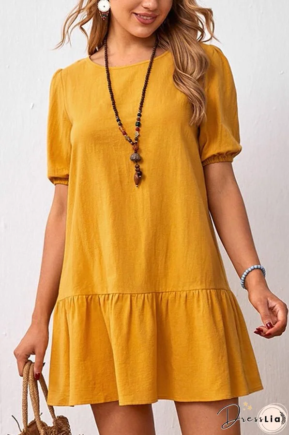 Solid Color Loose Waist Cotton Linen Round Neck Dress