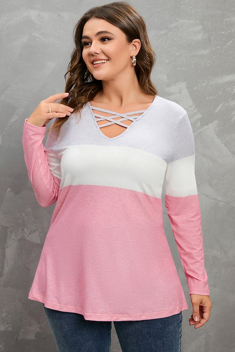 Flycurvy Plus Size Casual Pink Patchwork Cross Front V Neck Blouses  flycurvy [product_label]