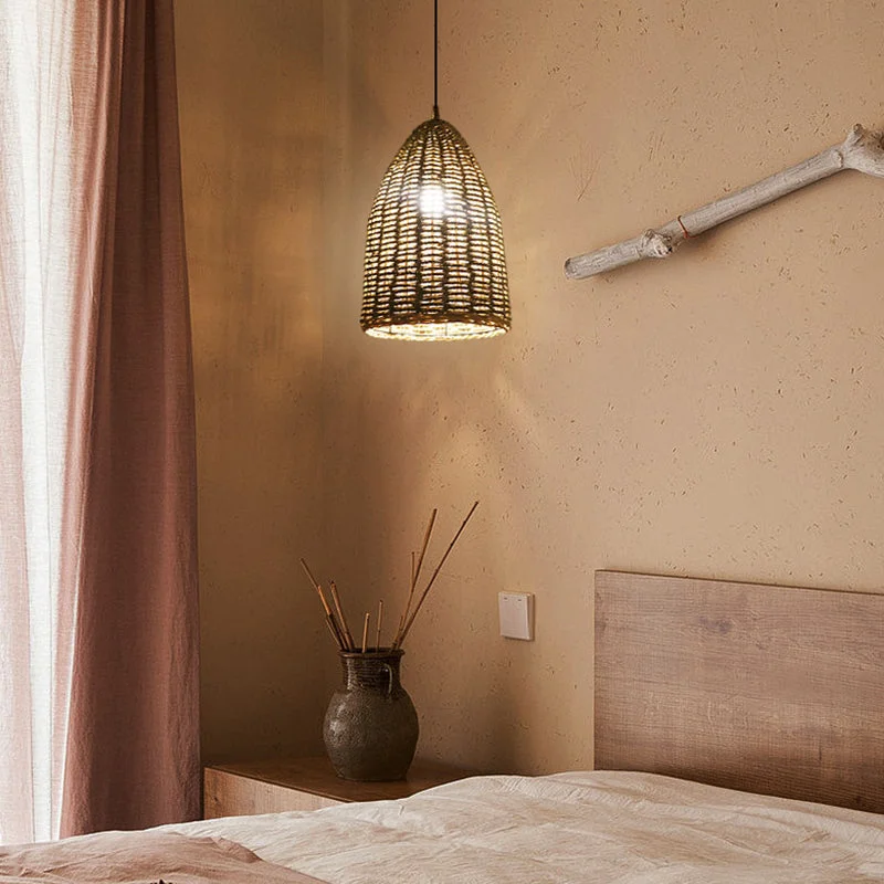 Rattan Bell Pendant Light Rustic Hanging Lampshade For Bedroom