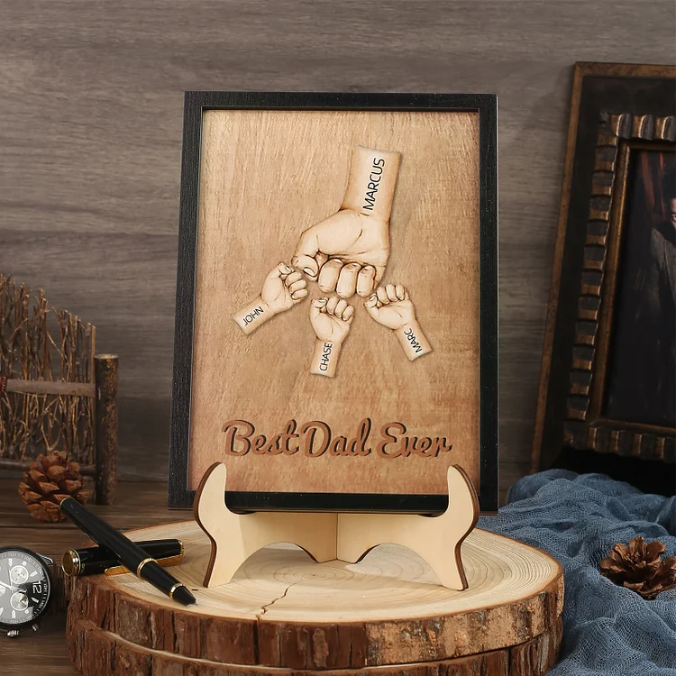 4 Names-Personalized Fist Bump Frame Wooden Ornament Engage Text Home Decoration for Father/Grandpa