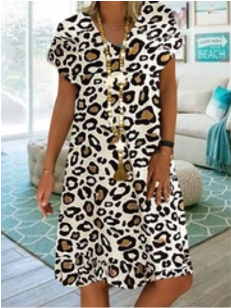 2021 New Women Summer Dress Fashion Colorful Leopard Print V-neck Loose Big Swing Casual Beach Style Large Ladies Plus Size Dress