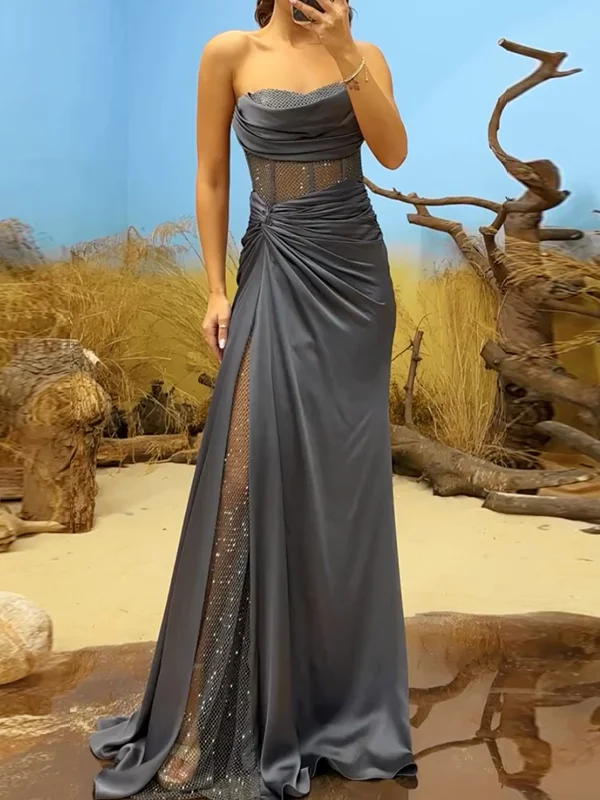 Shiny mesh splicing Sleeveless Tube Elegnat satin Maxi Dresses