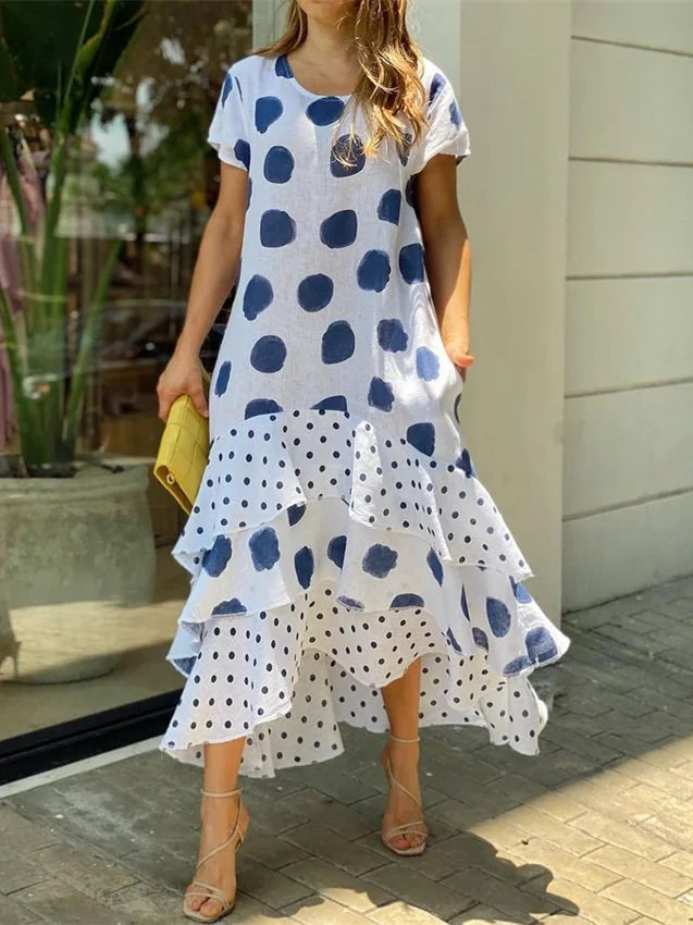 Style & Comfort for Mature Women Women's Short Sleeve Scoop Neck Polka Dot Stitching Midi Dress