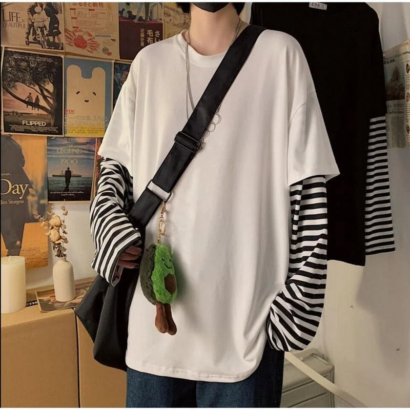 Inongge Long Sleeve Fake Two-piece T Shirt Striped Big Shirts Men Clothing Men Fashion 2022 New Oversized Tees Clothes Tshirt
