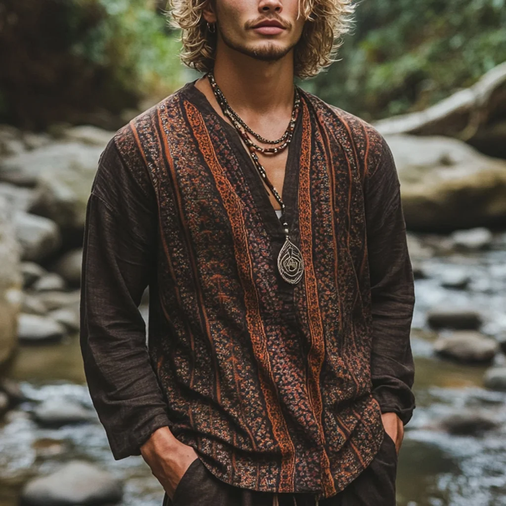 Men's Bohemian Holiday Style Vintage Printed Casual Long Sleeve Top-inspireuse