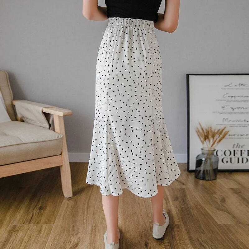 FTLZZ New Women Chiffon Polka Dot Medium Mermaid Skirt Casual Spring Summer Female High Waist Black White Skirts