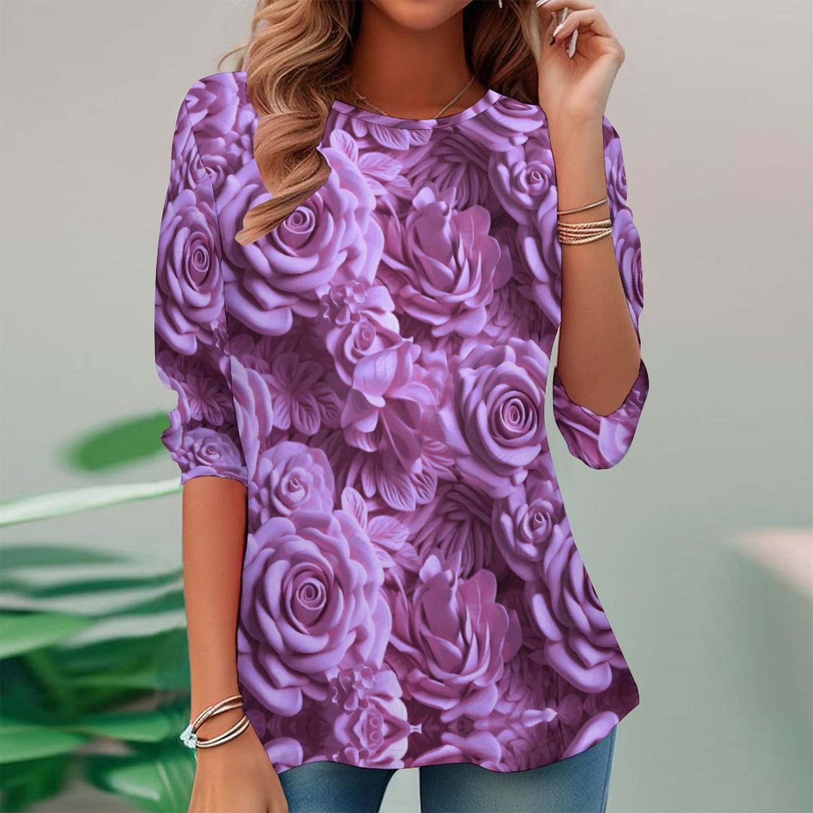 Women Long Sleeve V-neck Graphic Floral Printed Top