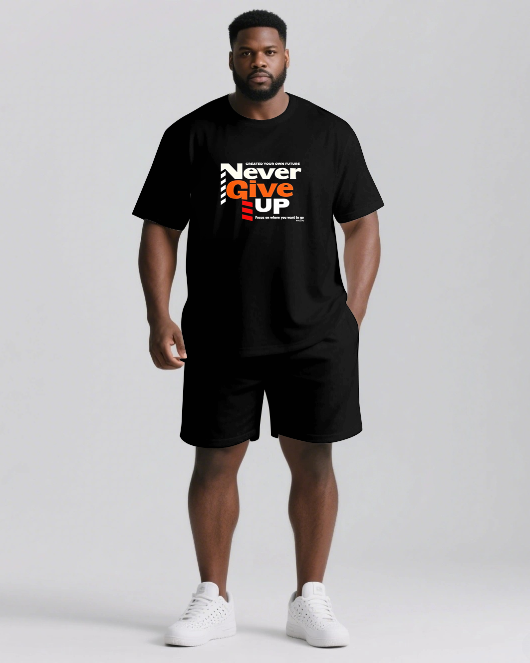Never Give Up On Building Your Future Men's Big and Tall Lettering Short Sleeve T-shirt 2-Piece Set