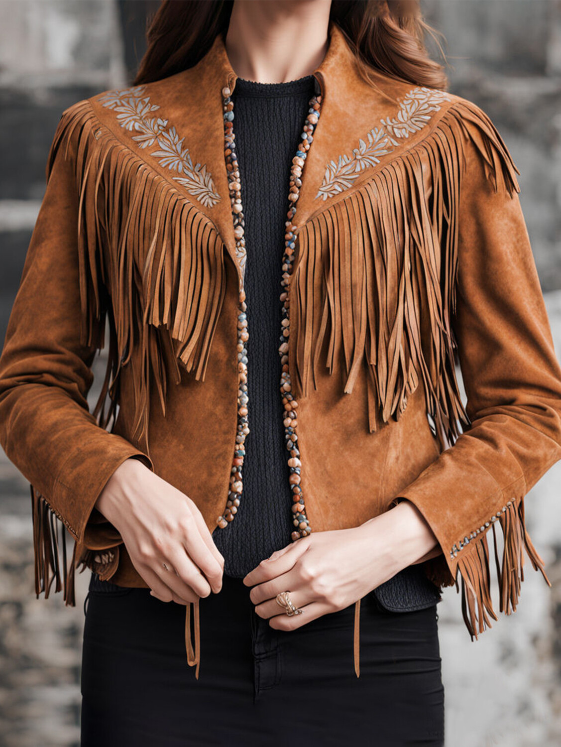 Casual Suede Stand Collar Long Sleeve Beaded Fringe Jacket