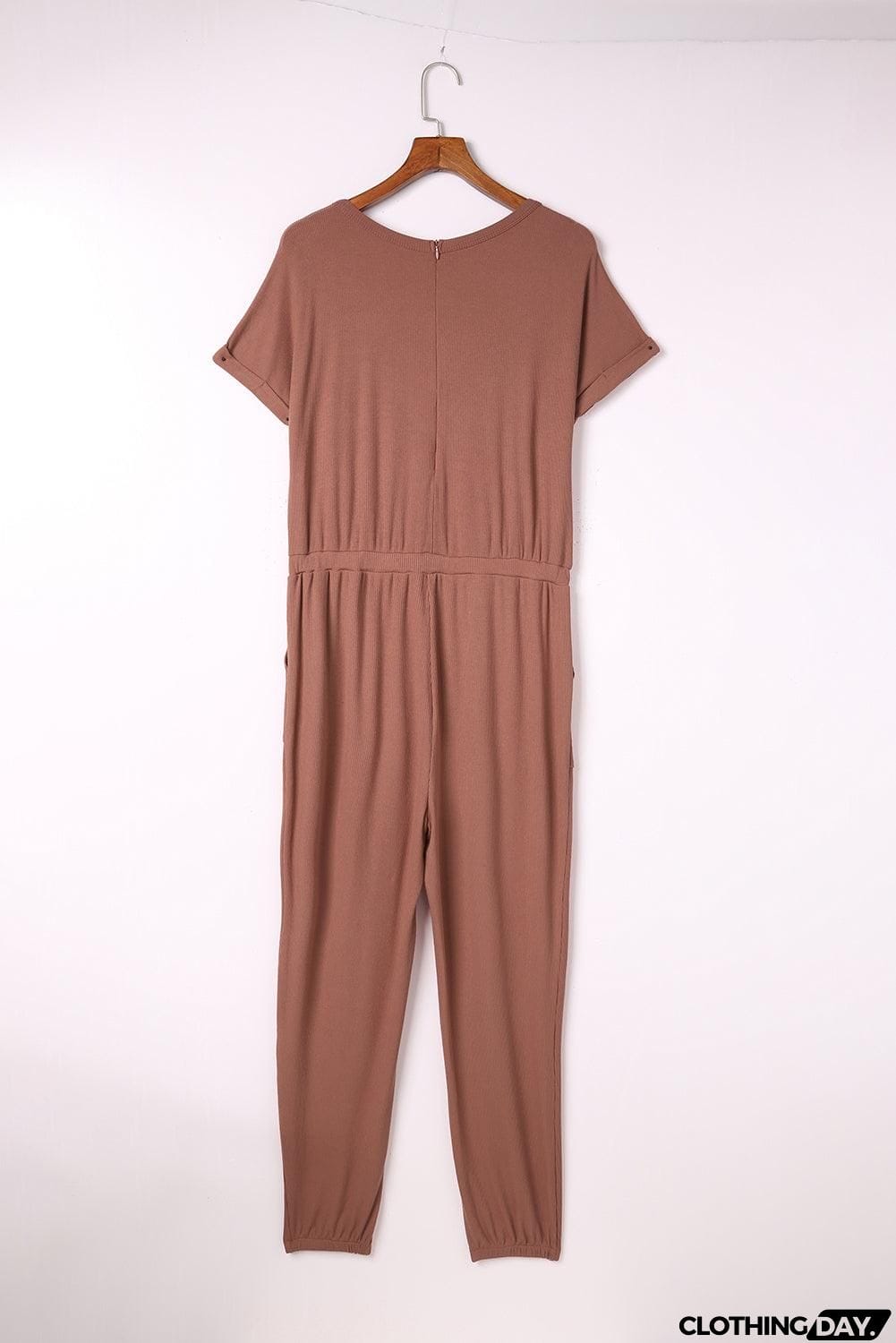 Ribbed Short Sleeve Jumpsuit with Pockets