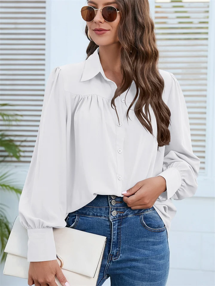 Solid Color Chiffon Shirt Women's Shirt Pleated Long-sleeved Blouse-Cosfine