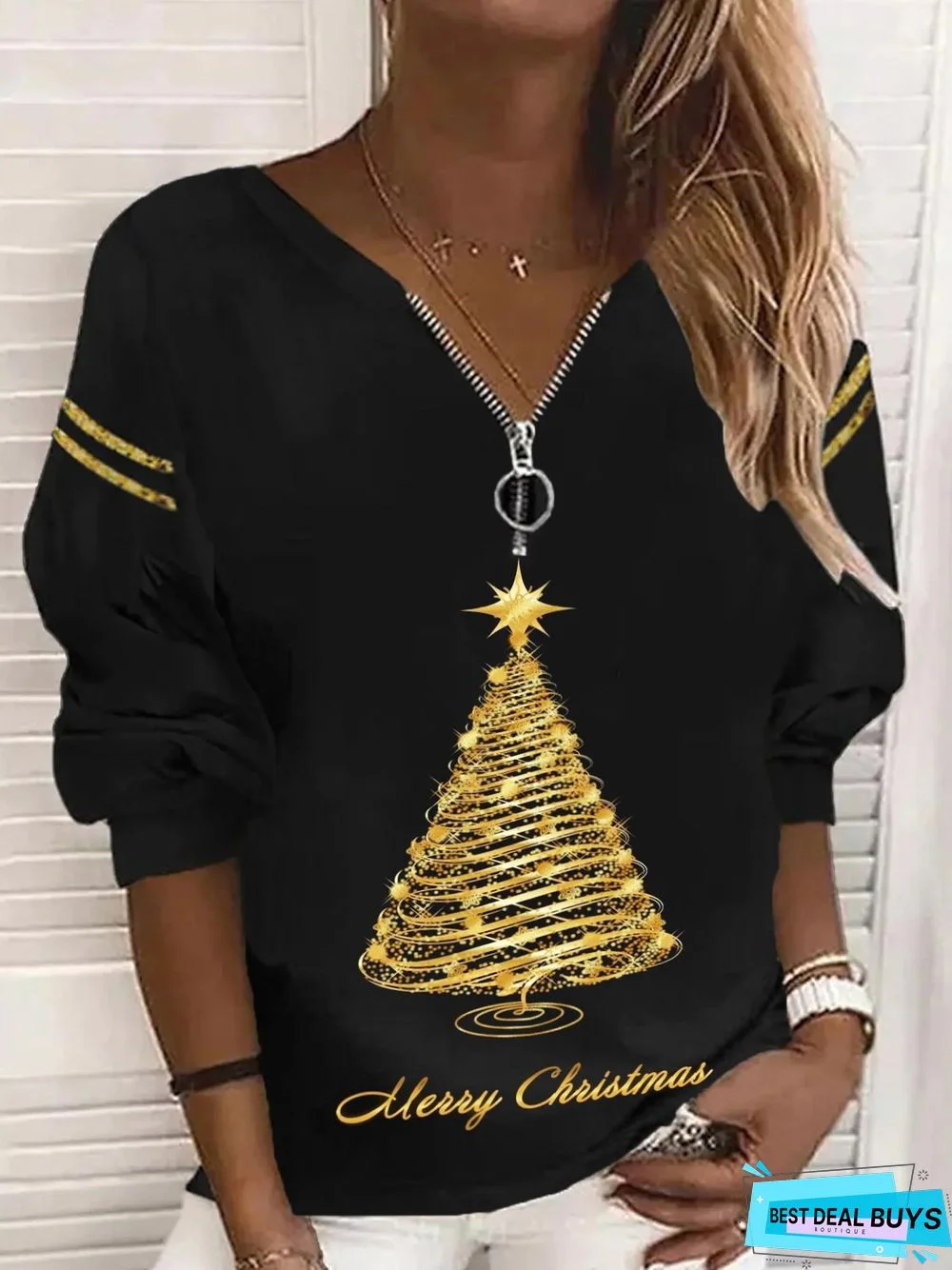 Casual Christmas Long Sleeve V Neck Printed Top Sweatshirt