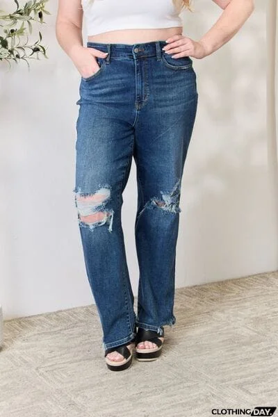 Judy Blue Full Size High Waist 90's Distressed Straight Jeans