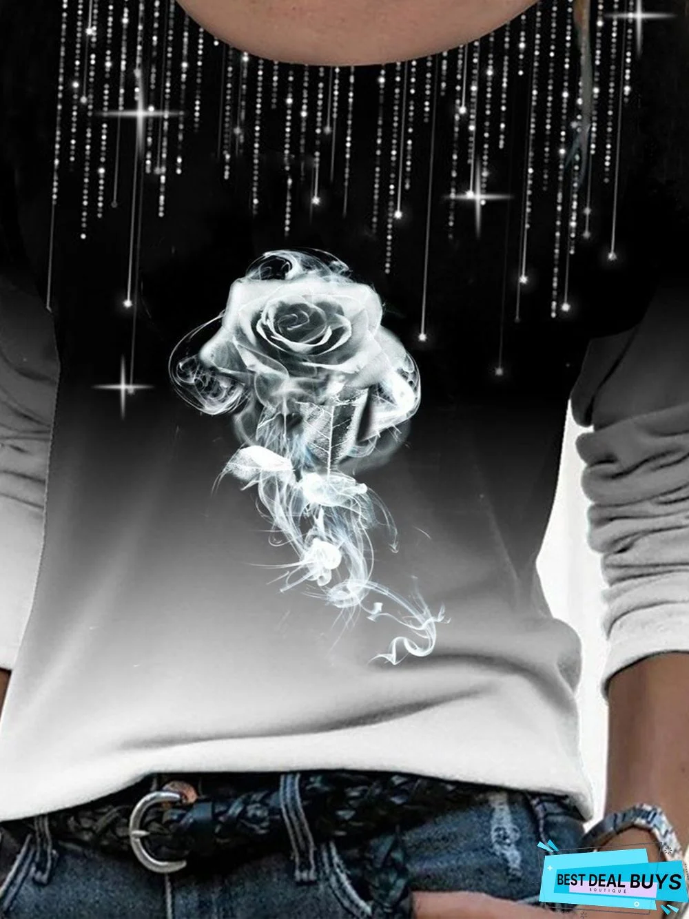 Black Floral Ombre/Tie-Dye Printed Rhinestone Casual Long Sleeve Shift Top