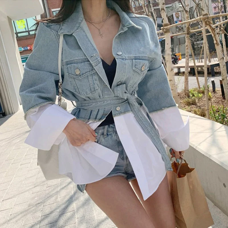 Tlbang Patchwork Casual Denim Jacket For Women Lapel Long Sleeve With Sashes Oversized Coat Female 2023 Autumn Fashion New