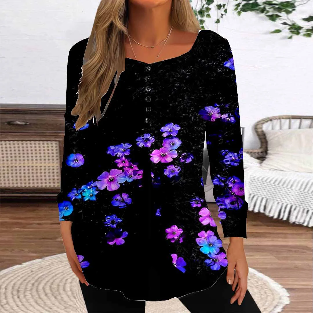 Women Floral,Black DZGG8372 Long Sleeve Scoop Neck Printed Graphic Button Fake 2in1 Tops