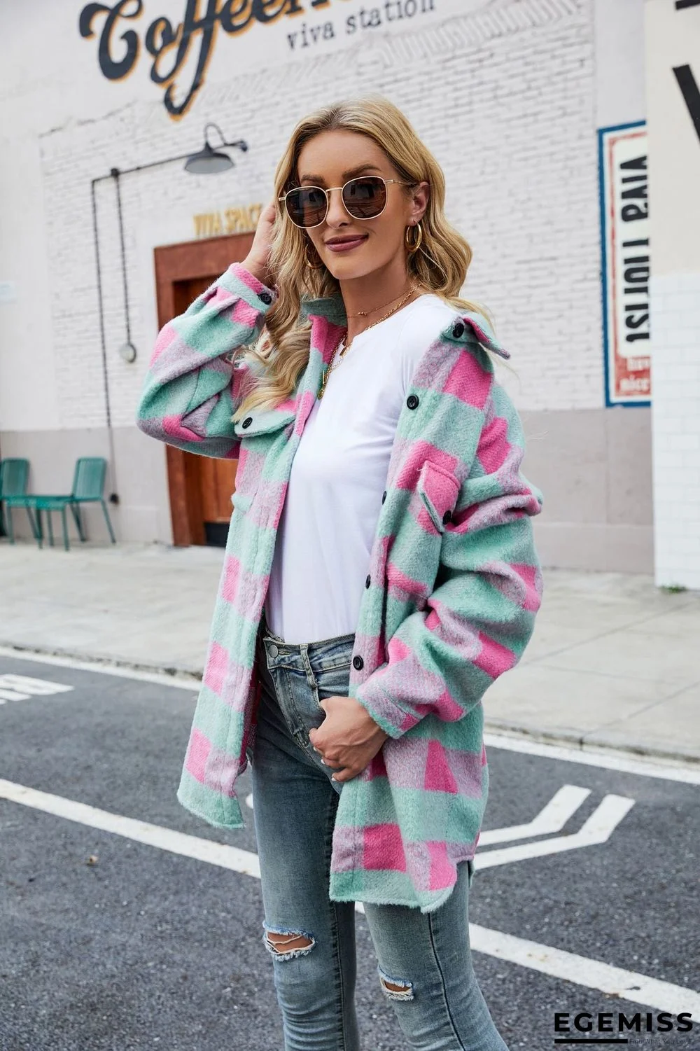 Autumn Winter Suede Coat Single Breasted Lapel Long Sleeve Plaid Cardigan Shirt | EGEMISS