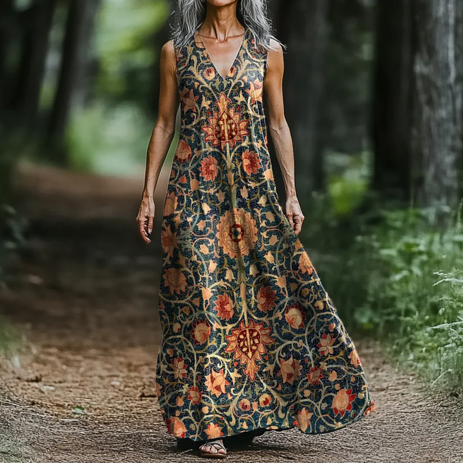 Women's Ethnic Totem Floral Art Pattern Print V-neck Sleeveless Pocket Cotton Dress