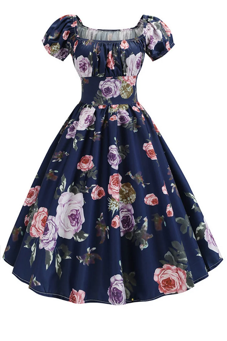 1950s Light Blue Puff Sleeve All Over Print A-Line Midi Dress