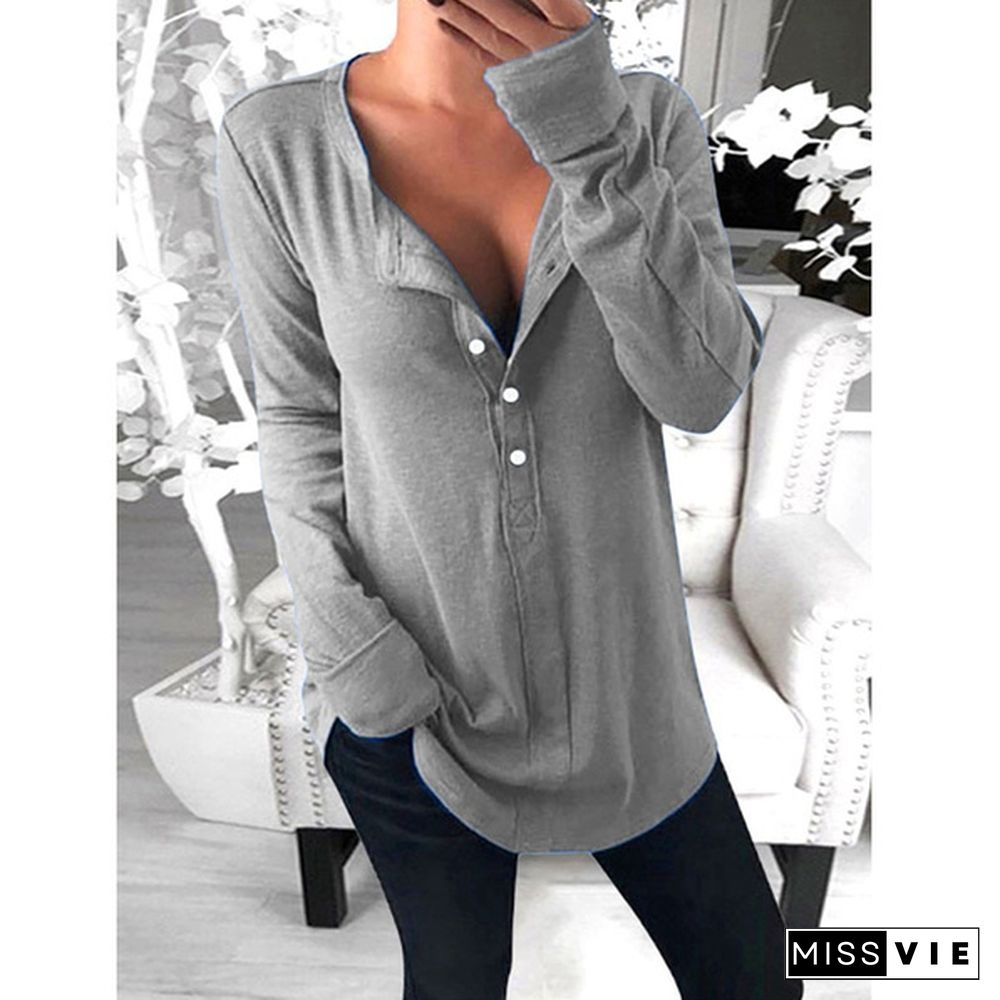 XS-8XL Plus Size Fashion Clothes Women's Autumn and Winter Tops Solid Color Casual Long Sleeve Pullover Sweatshirts V-neck Button Up Loose T-shirts Ladies Solid Color Cotton T-shirts