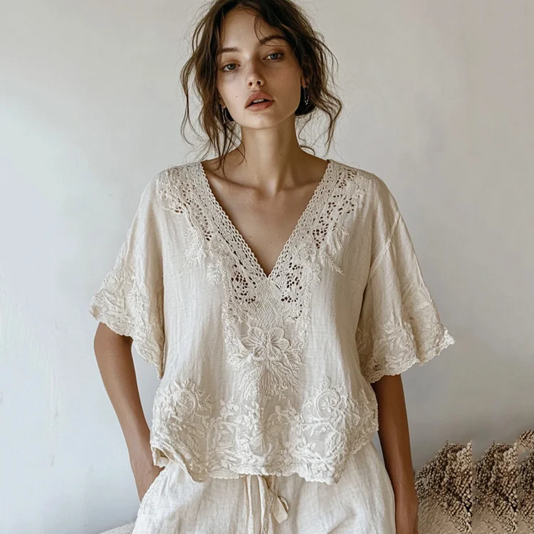 Vintage Floral Lace Embroidered Comfy V Neck Shirt