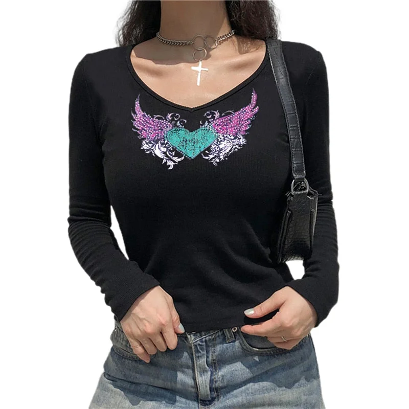 Xingqing Harajuku Graphic Tees E-girl Tops Letter Print Cute T-shirts Y2K Women Vintage 90s Aesthetic Patchwork Long Sleeve