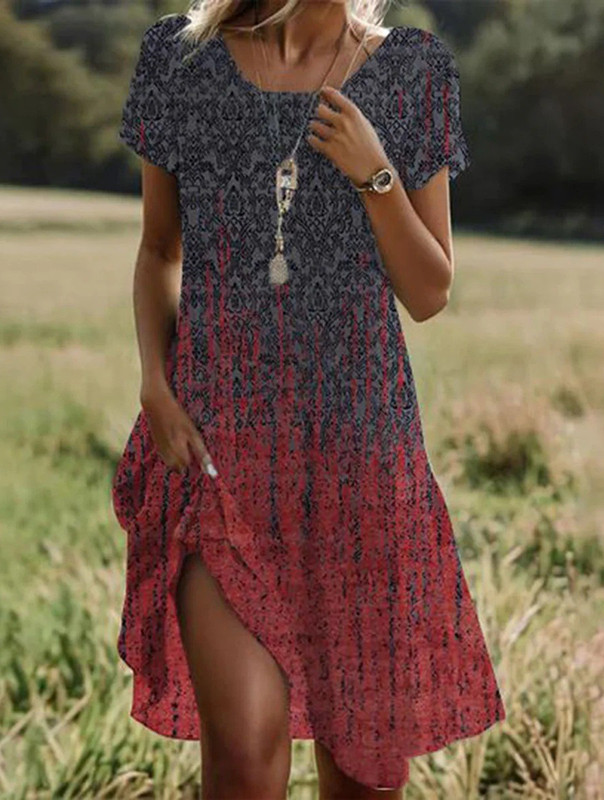 Huerhs Ethnic Style Printed Summer New Short Sleeved Dress Artistic Fashionable Women's Casual Round Neck Mid Length Dress