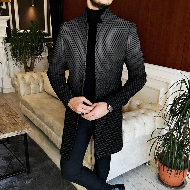 BrosWear Men's Dark Pattern Gradient Standing Collar Mid-Length Coat