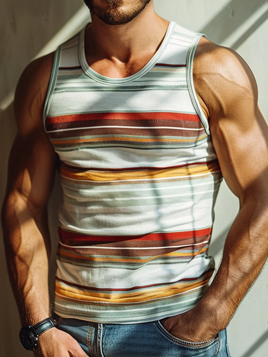 Men's Colorful Retro Pinstripe Round Neck Casual Tank
