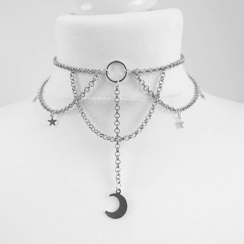 Gothic Crescent Moon and Stars Choker Witch Punk Necklace SP16600