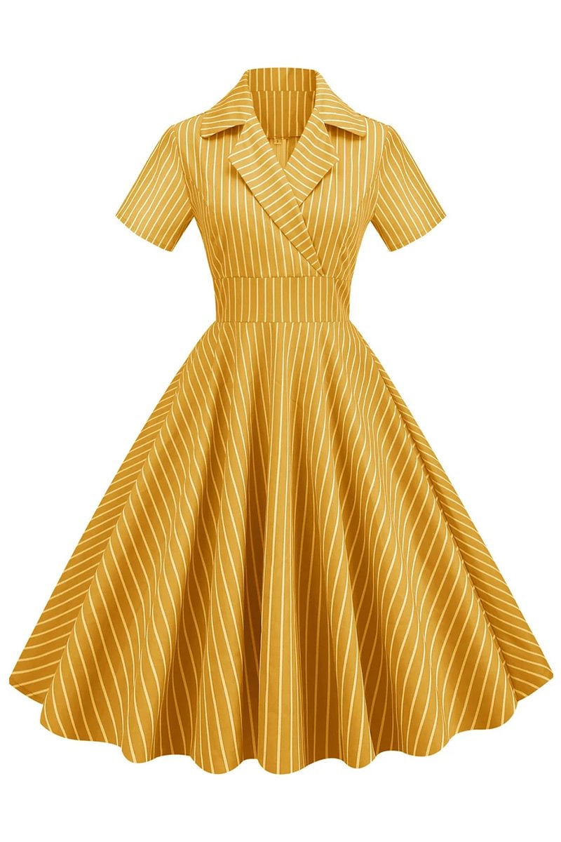 1950s Retro Elegant Suit Collar High Waist Striped Print Short Sleeve Midi Dresses
