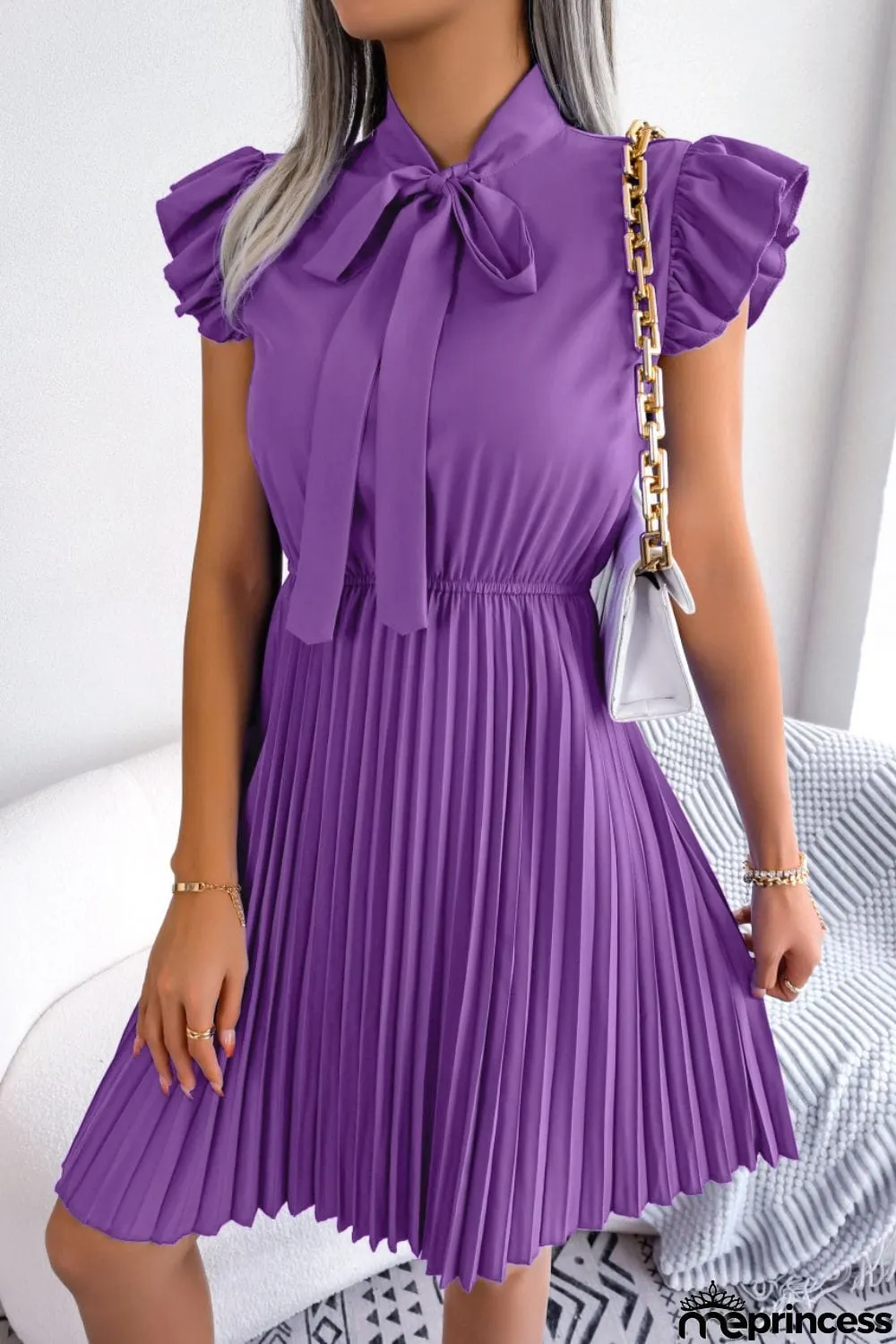 Tie Neck Butterfly Sleeve Pleated Dress
