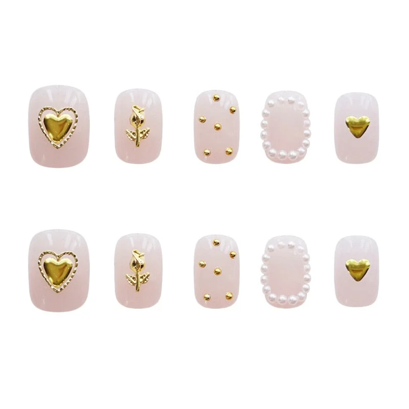 Japanese nail  Heart and Rose Flower Pattern Design Fake Nails with glue Pearl Suitable Fairy Girl Decoration Wearable Nail tips-Nail Inspo