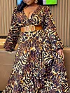 Floral Printed Leopard Long Sleeves Loose V-Neck Maxi Dresses