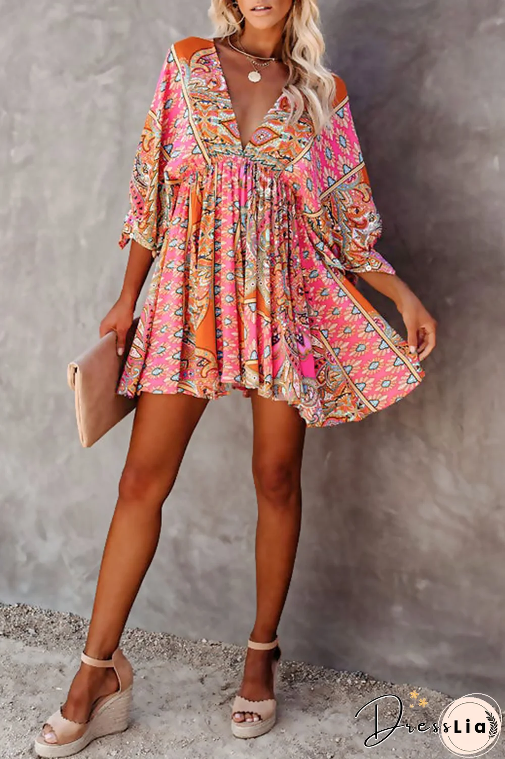 Casual Print Backless V Neck Cake Skirt Dresses