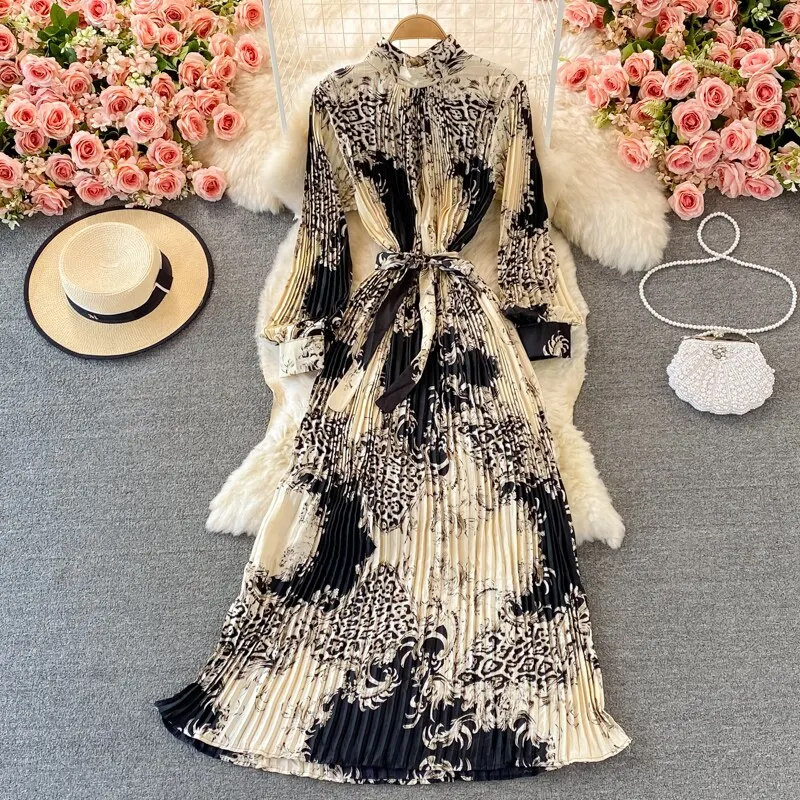 Uveng New Women French Loose Pleated Printed Long Dress Elegant Long Sleeve A-line Lady Clothes Autumn Female Maxi Dress