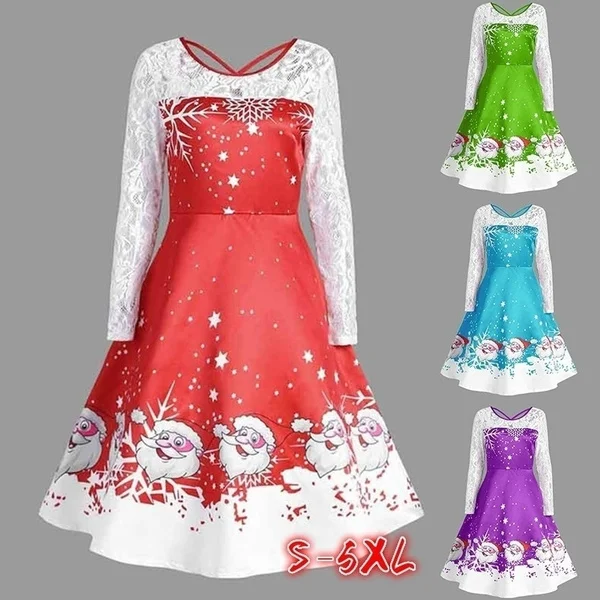 Christmas Women's Fashion Santa Claus and Snow Print Dress Long Lace Sleeve Patchwork Dress S-5XL