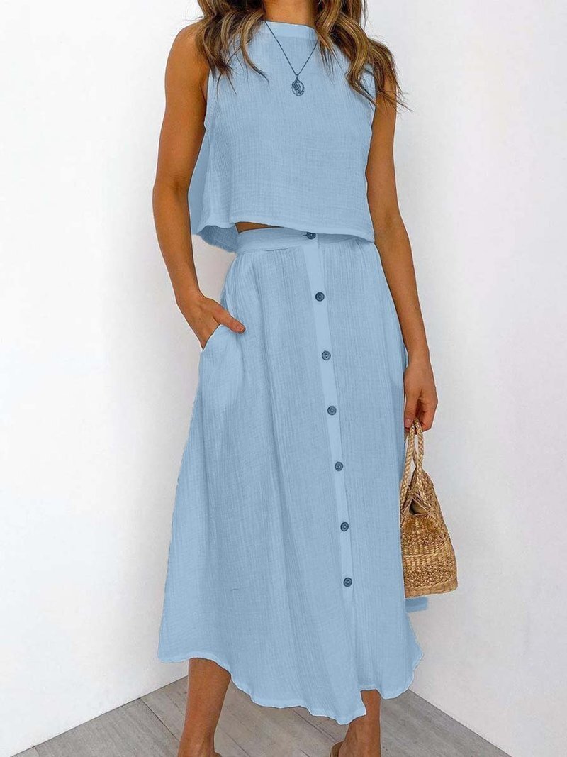 Loose Casual White Cotton Linen Ladies Suit Summer Beach Style  Women Skirt Set Sleeveless Crop Tops Button Pockets Skirts