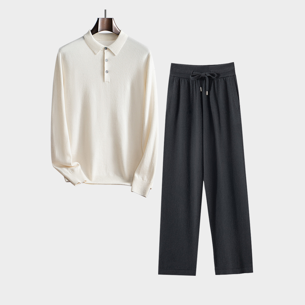 Men's Polo-Style Cashmere Sweater and Pants Set | Casual Outfit REAL SILK LIFE