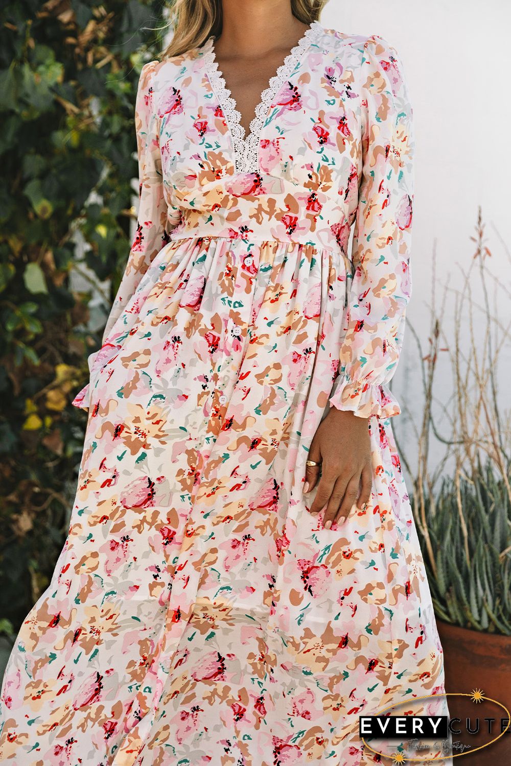 Pink Lace Patchwork Cut Out Back Floral Maxi Dress