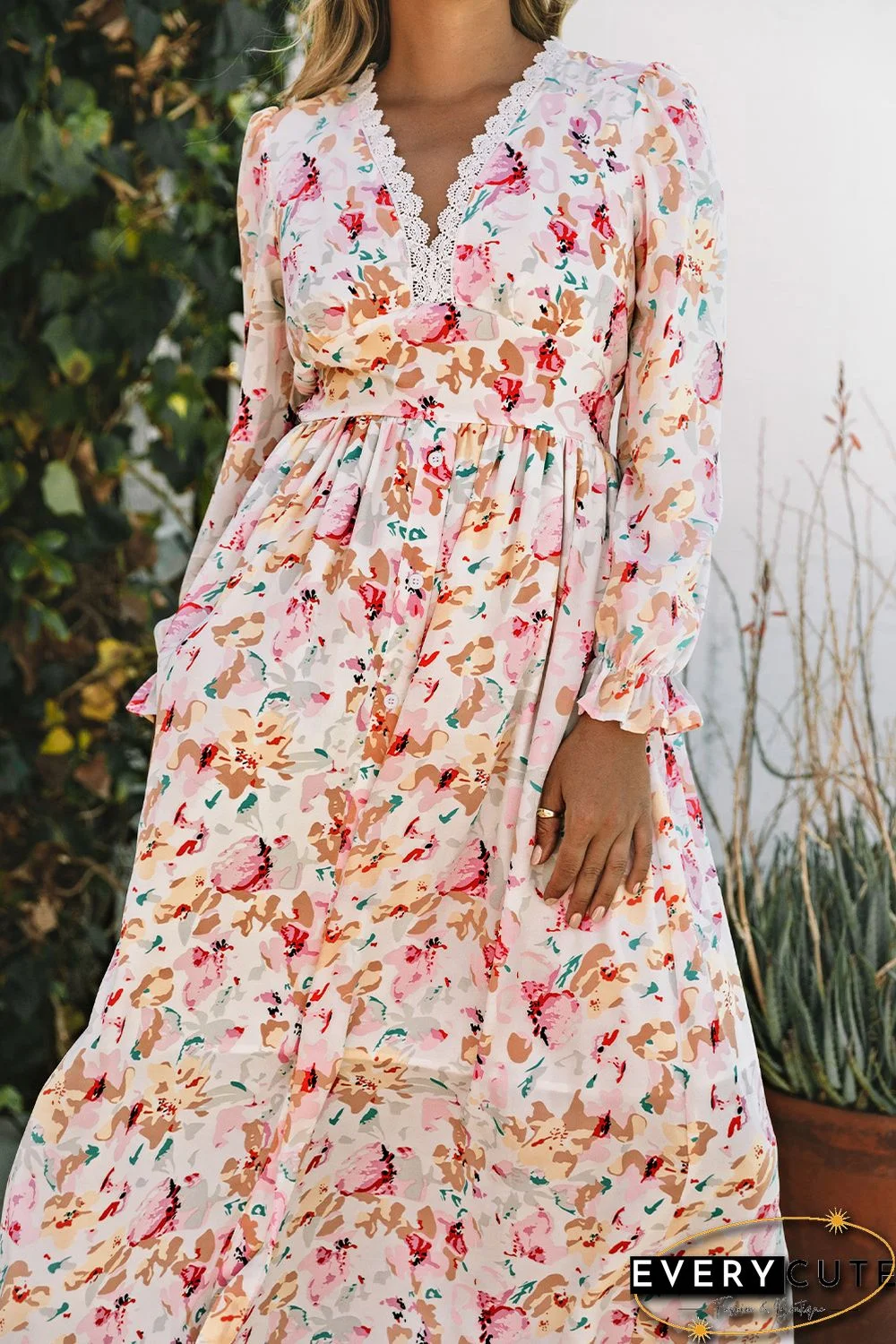 Pink Lace Patchwork Cut Out Back Floral Maxi Dress