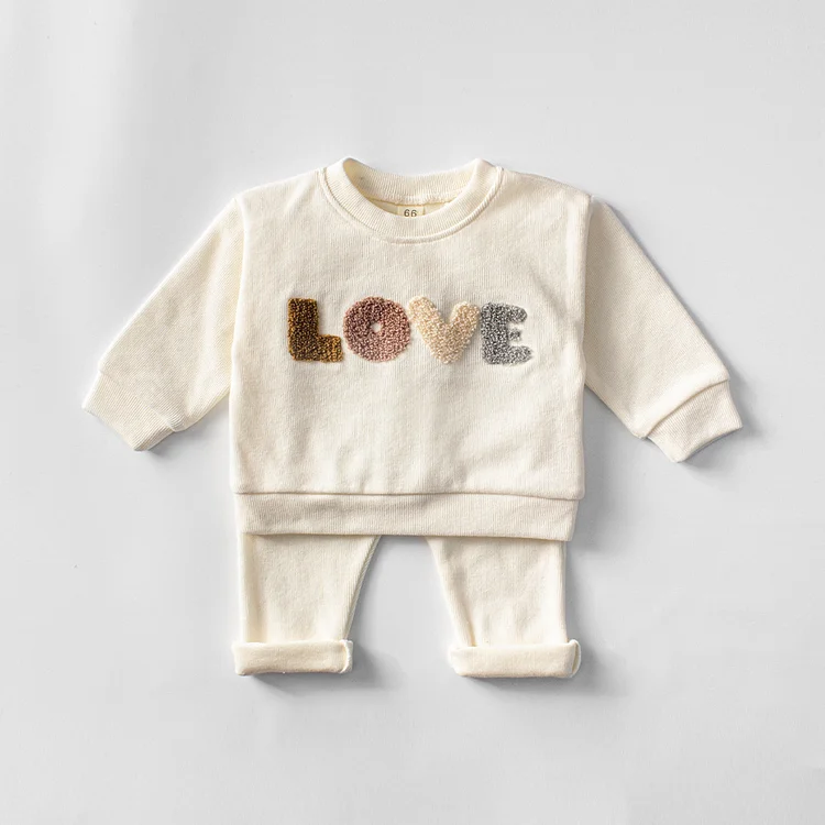 Toddler Boy/Girl Embroideried LOVE Ribbed Knitted T-shirt and Elastized Pants Set